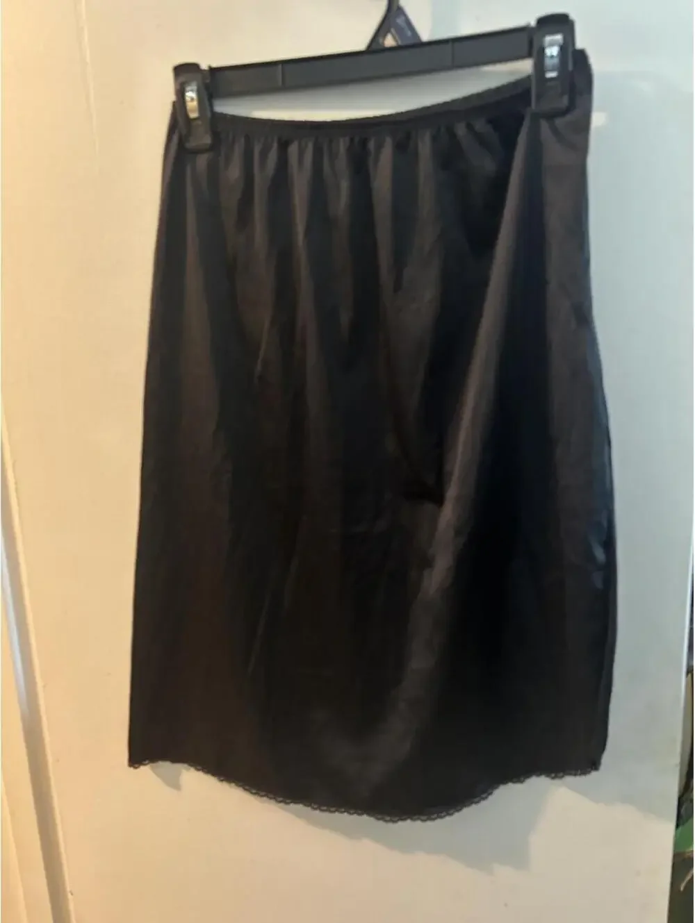 Vintage Vasserette Black silk slip skirt with lace trim and elastic waistband